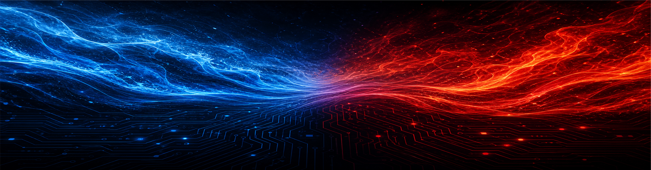 Abstract fire and ice waves in process blue and garnet red over a tech circuit grid